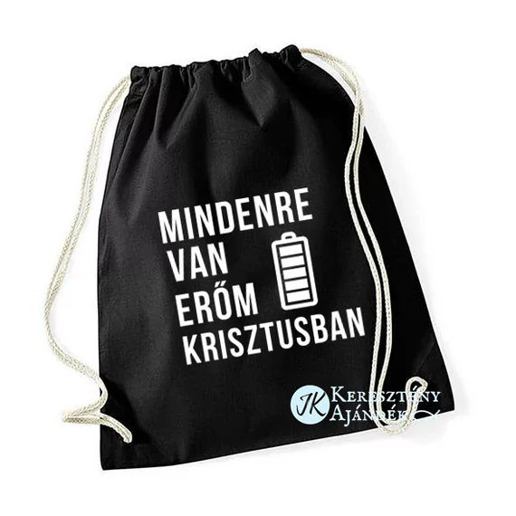 Mindenre van erőm Krisztusban, igés, keresztény feliratos vászon tornazsák, hátizsák ( FEKETE )