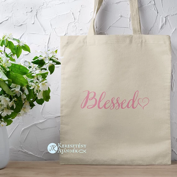 Blessed - igés, keresztény feliratos, hosszúfülű vászontáska NATÚR színben, rózsaszín felirattal