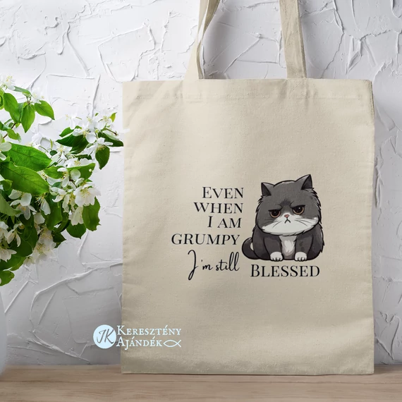 Even when I am grumpy, I'm still blessed - igés, feliratos, hosszúfülű, keresztény vászontáska ( NATÚR )
