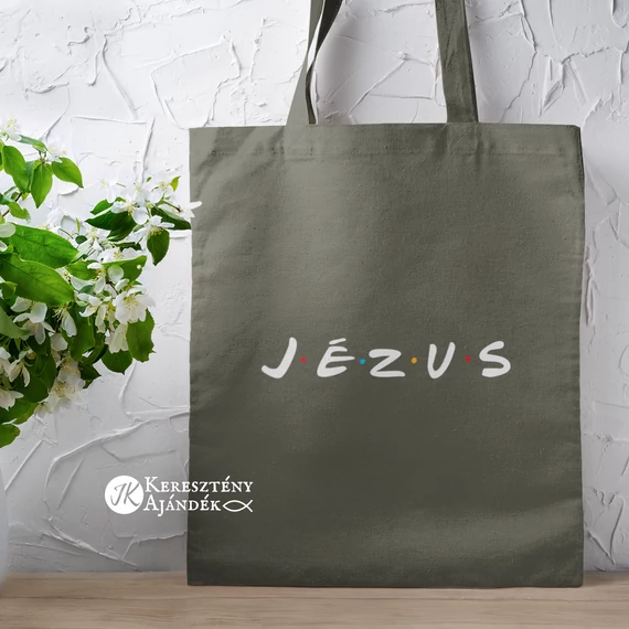 JÉZUS á la Friends / Jóbarátok - igés, keresztény feliratos, hosszúfülű vászontáska KHAKI