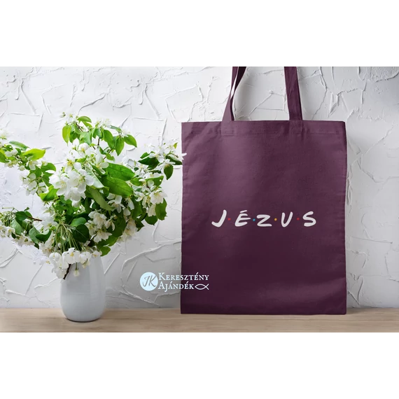 JÉZUS á la Friends / Jóbarátok - igés, keresztény feliratos, hosszúfülű vászontáska SZILVA LILA