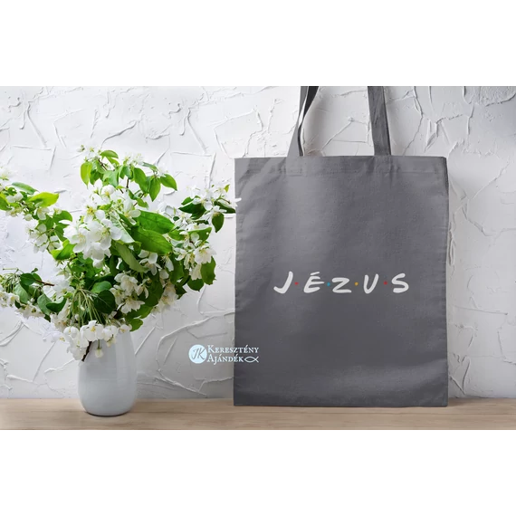 JÉZUS á la Friends / Jóbarátok - igés, keresztény feliratos, hosszúfülű vászontáska SZÜRKE