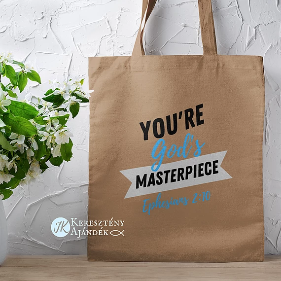 You're God's Masterpiece- igés, keresztény feliratos, hosszúfülű vászontáska (BARNA)