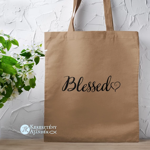 Blessed - igés, keresztény feliratos, hosszúfülű vászontáska BARNA
