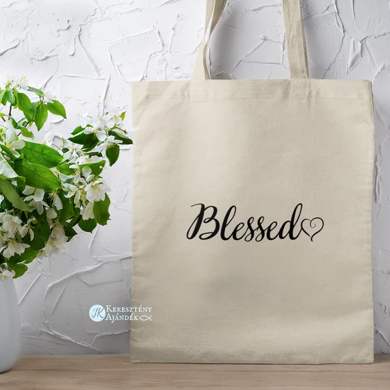 Blessed - igés, keresztény feliratos, hosszúfülű vászontáska NATÚR színben