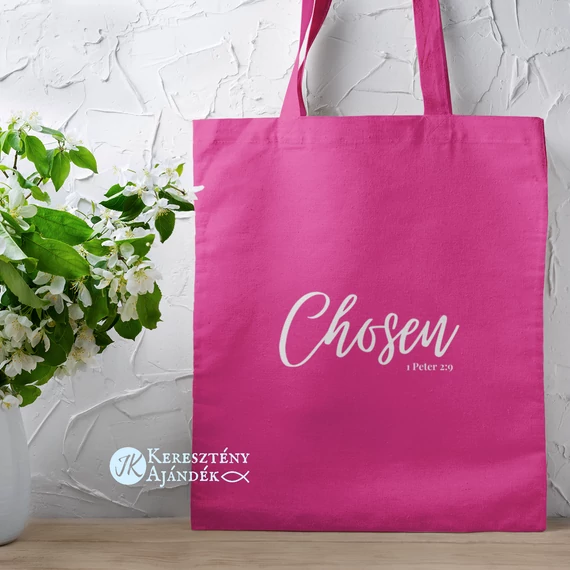 Chosen (kiválasztott) - igés, keresztény feliratos, hosszúfülű vászontáska FUKSZIA 