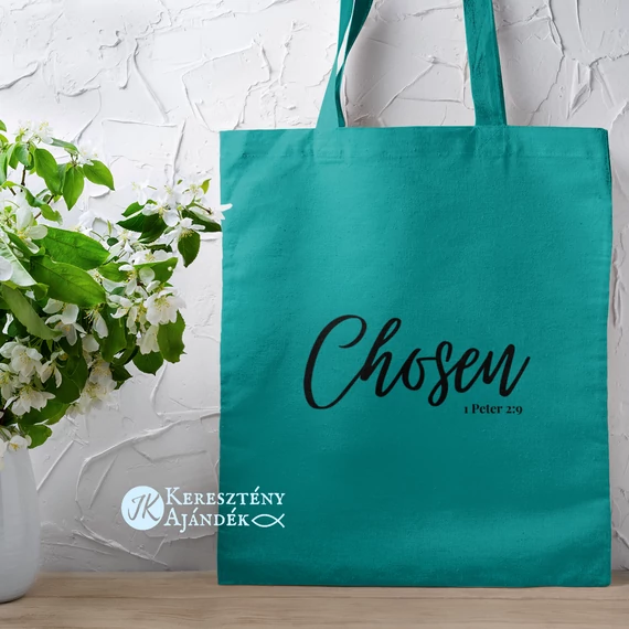 Chosen (kiválasztott) - igés, keresztény feliratos, hosszúfülű vászontáska SMARAGD zöld, fekete felirattal