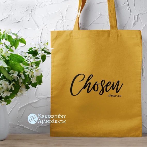 Chosen (kiválasztott) - igés, keresztény feliratos, hosszúfülű vászontáska MUSTÁRSÁRGA