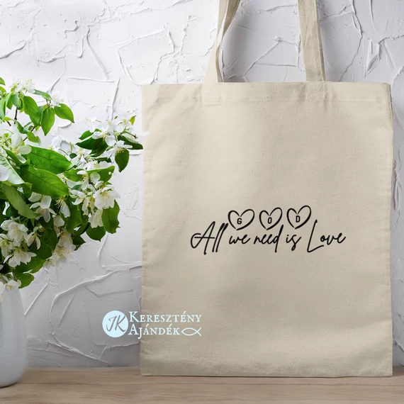 God - All we need is love - igés, keresztény feliratos, hosszúfülű vászontáska NATÚR színben 