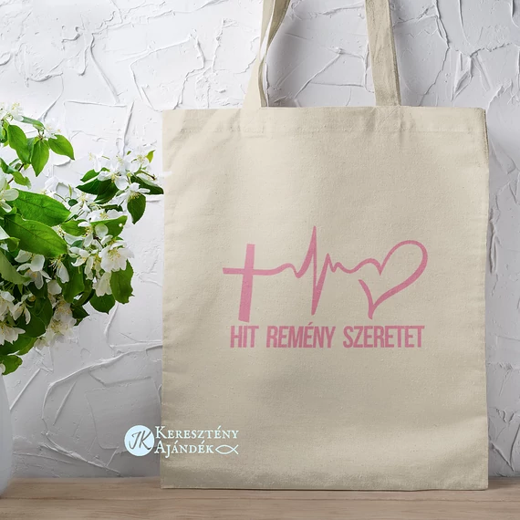 Hit Remény Szeretet - igés, keresztény feliratos, hosszúfülű vászontáska NATÚR rózsaszín felirattal