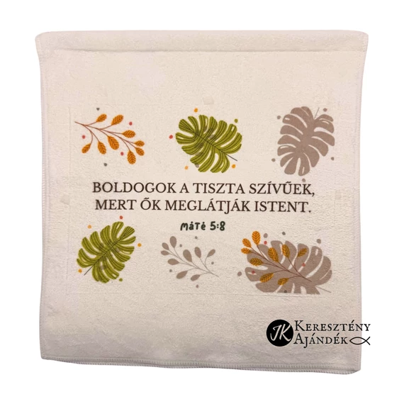 ÚJDONSÁG! Boldogok a tiszta szívűek, mert ők meglátják Istent Mt. 5:8 - igés, keresztény feliratos, FEHÉR törülköző, kéztörlő 35 x 75 cm ( leveles )