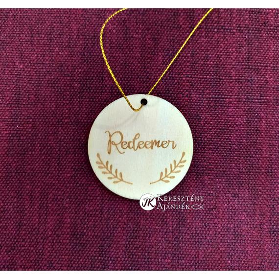 Fa karácsonyfa dísz az ÚR Jézus neveivel, arany színű zsinóron - Redeemer