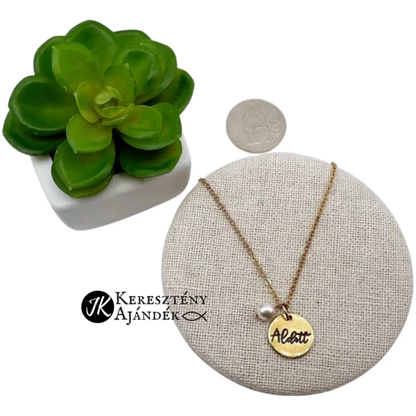 Áldott - gravírozott, keresztény feliratos, nemesacél, medálos női nyaklánc, lánchosszabbítóval ARANY színű + swarovski gyönggyel