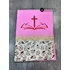 Kereszt és biblia - (rózsaszín, virágos) bibliaborító textil anyagból RÚF, 19x15 cm